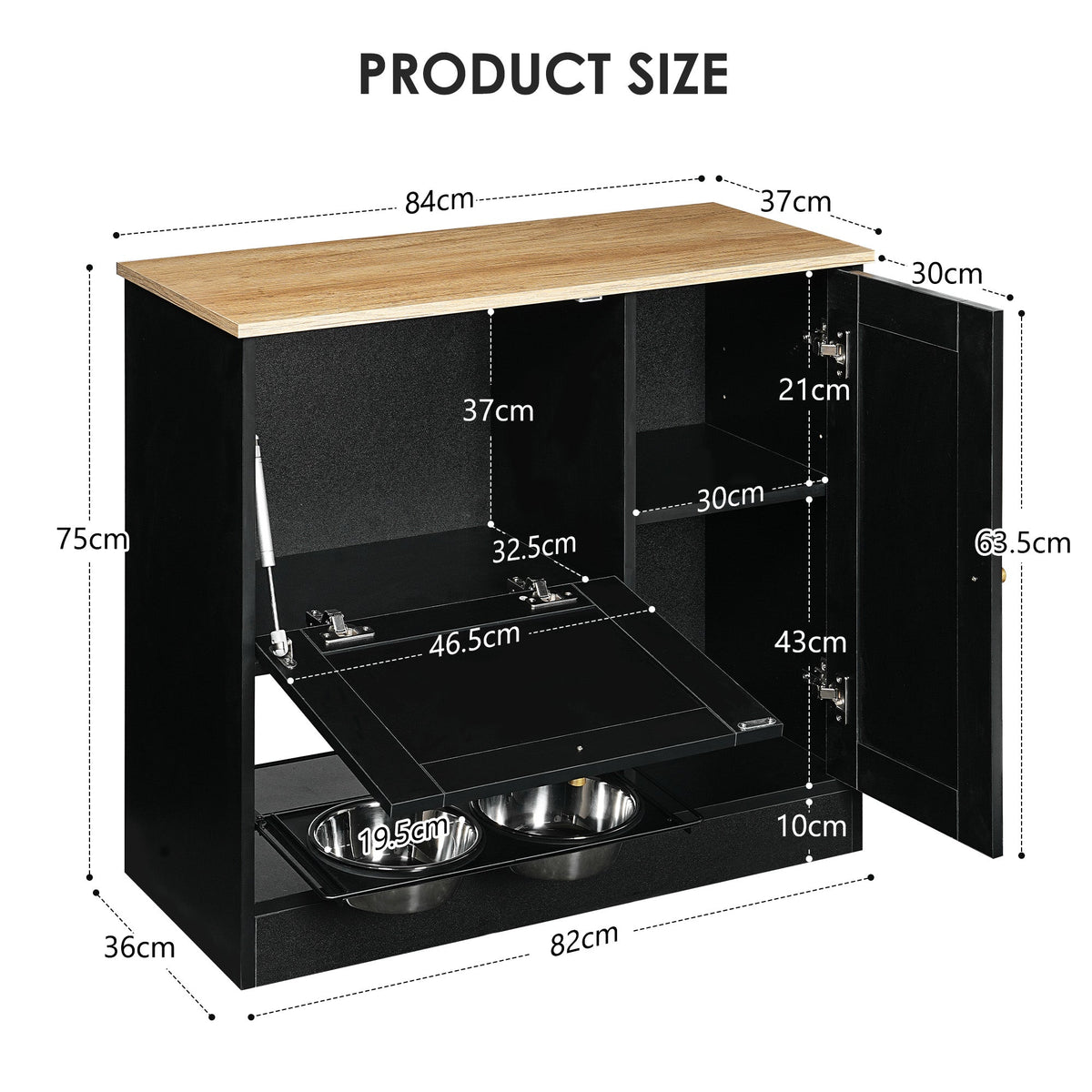 Feeding station with 2 lockers, pet feeding station with 2 elevated dog bowls, side hooks, anti-tipping kit, hidden pet feeding station for feeding and watering, rattan door, black