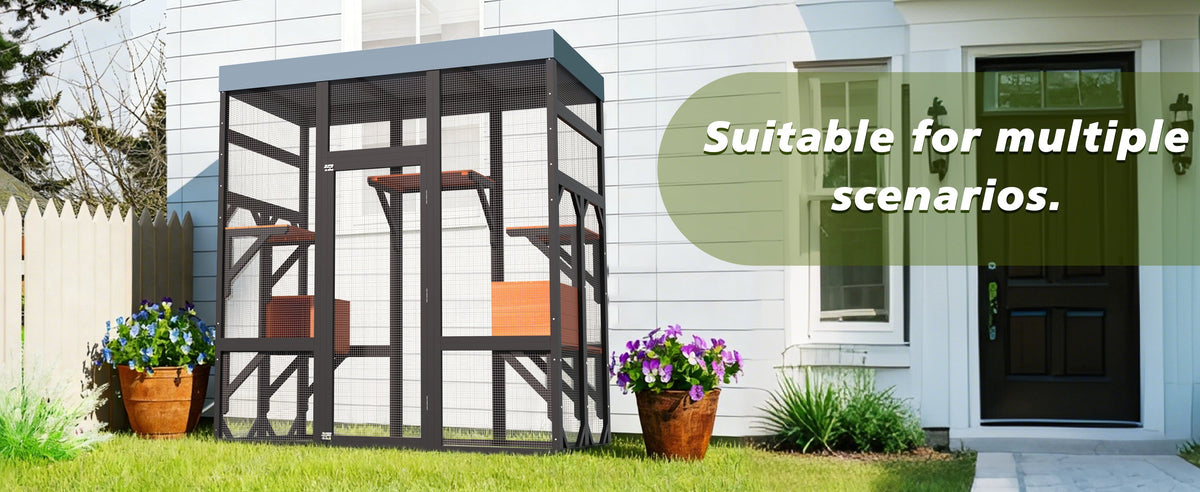62.6" Black Wooden Catio for Cats, Large Cat Enclosure with Waterproof cover, 2 Napping House, Platforms & Galvanized Metal Wire – Secure Pet Cage Shelter