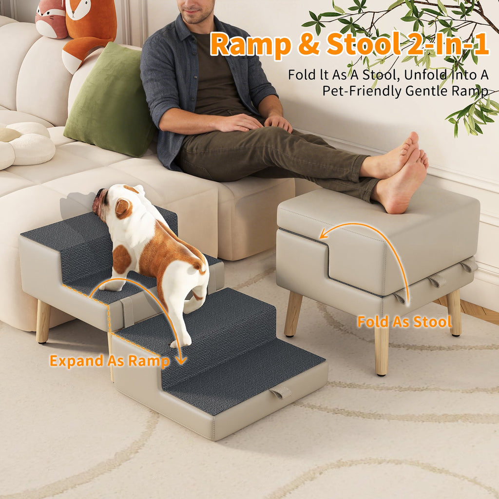 4-Step Ottoman Dog Stairs, 2-in-1 Foldable Pet Ramp for Bed,  Dog Ramp for Small Puppy and Cats, Sturdy Wood Frame Support with Non-slip walking surface, Holds Up To 220lbs ( Light Grey Color )