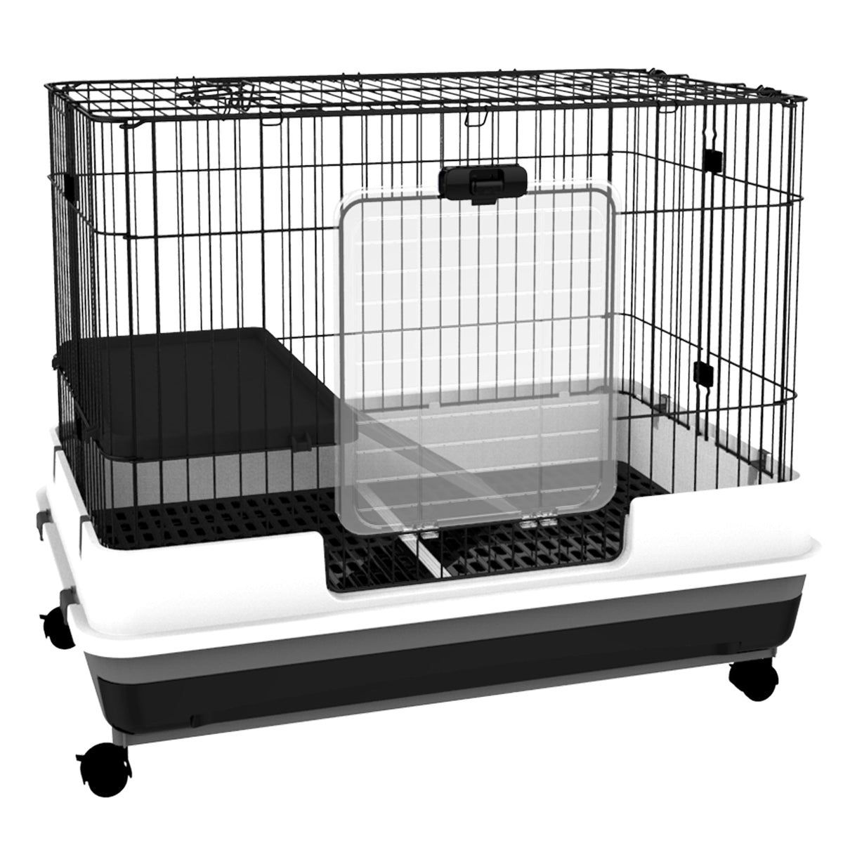 2-Level Small Animal Cage Rabbit Hutch with Wheels, Removable Tray, Platform and Ramp for Bunny, Chinchillas, Ferret, Black