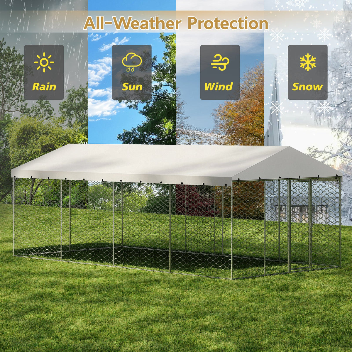 10x20 FT Large Outdoor Dog Kennel with Canopy, Heavy Duty Galvanized Steel Frame, Waterproof Cover, All-Weather Protection, Escape-Proof Lockable Pet Playpen for Large Dogs, Multiple Animals.