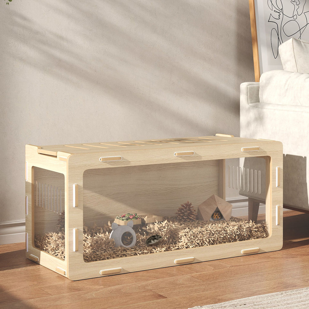 Hamster Cage with Easy View Acrylic Panels, Air Vents & Openable Roof, for Gerbil, Guinea Pig, 39" x 20" x 18.5", Oak