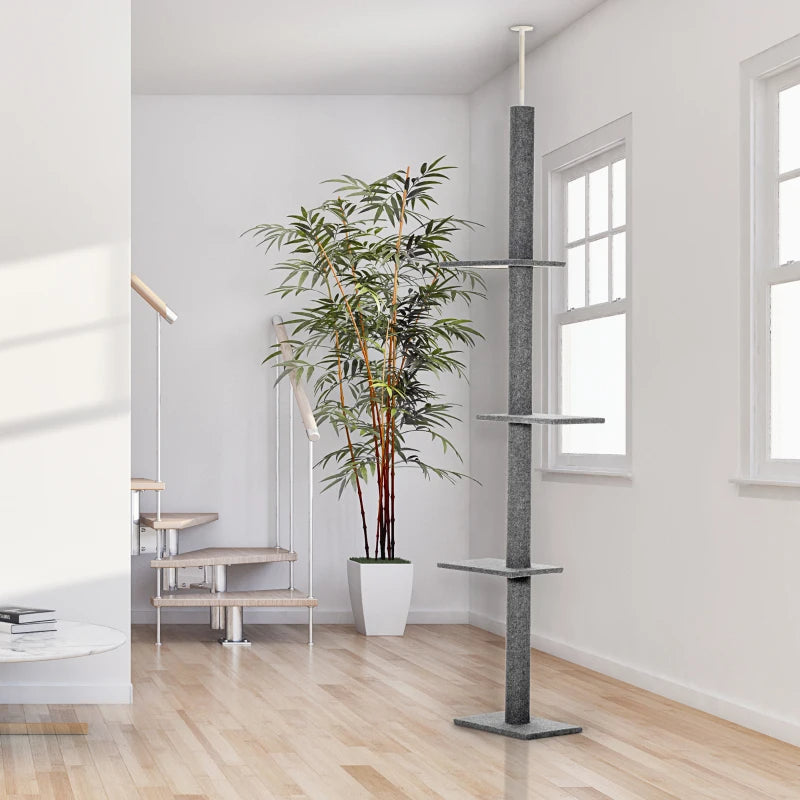 PawHut Floor-to-Ceiling Cat Tree Cat Climbing Tower With Sisal-Covered Scratching Posts Natural Cat Tree Activity Center For Kittens Cat Tower Furniture, Grey