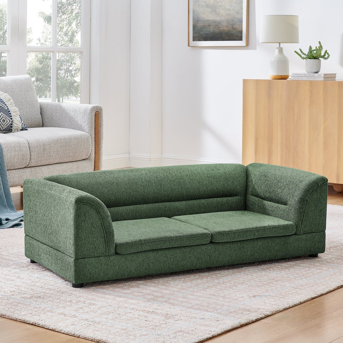Oversized Pet Sofa, Curved Armrest Rectangular Dog Sofa, Linen Fabric Comfort Pet Couch for Large & Oversized Dogs-Olive Green