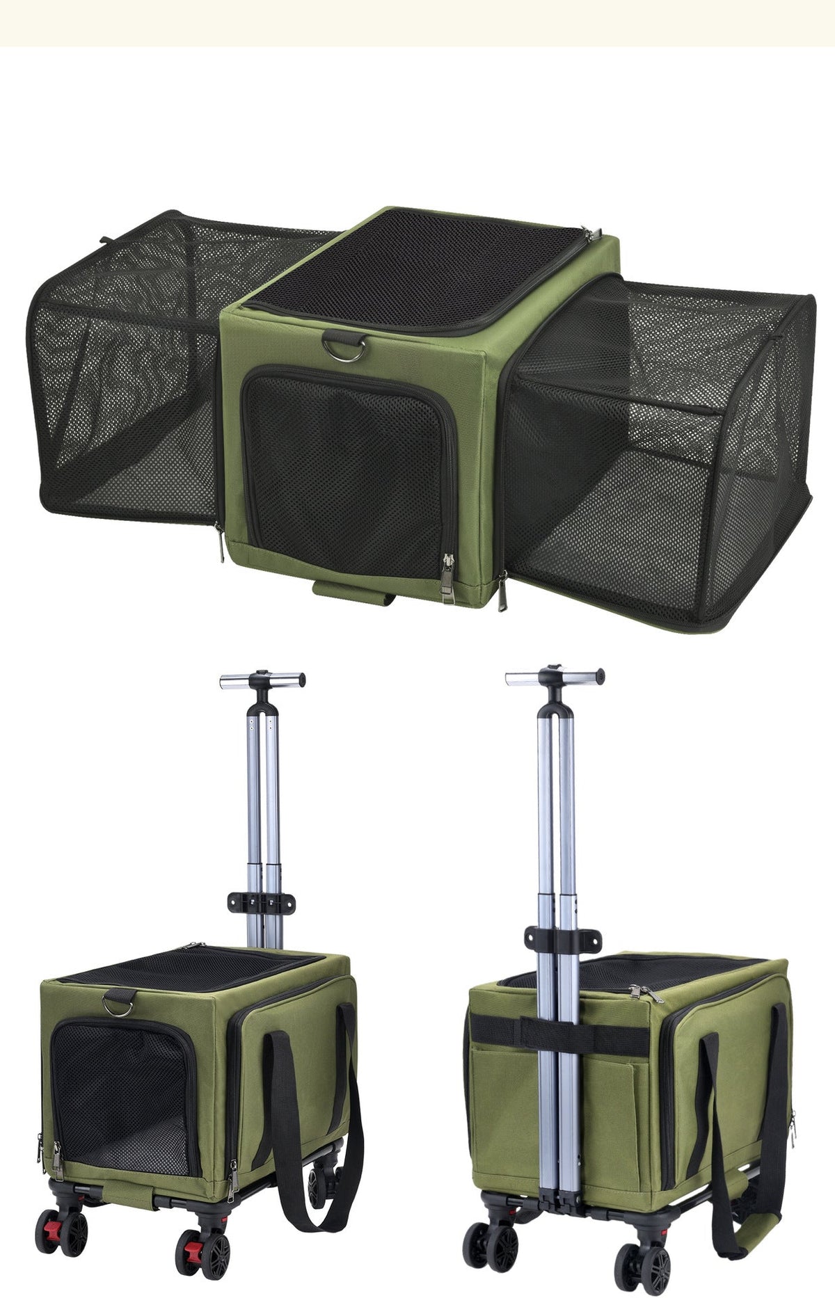 3-Sided Expandable Rolling Pet Carrier With Wheels, Small Cat Dog Travel Carrier, Foldable Portable Bag Grey  For Travel Camping Vet Outdoor Indoor Use