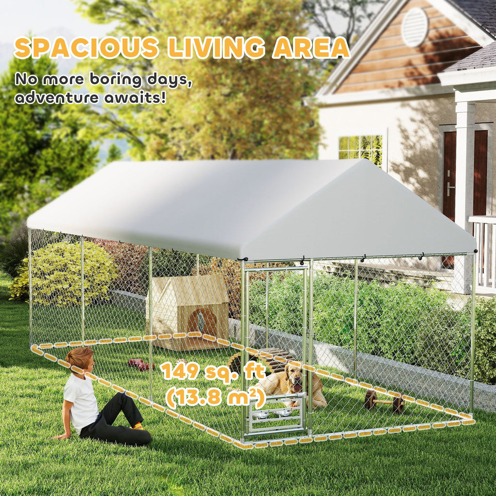 Outdoor Dog Kennel w/ Adjustable & Rotatable Bowl Rack, Waterproof UV-Resistant Cover, Secure Lock, 19.7 x 7.5 x 7.5