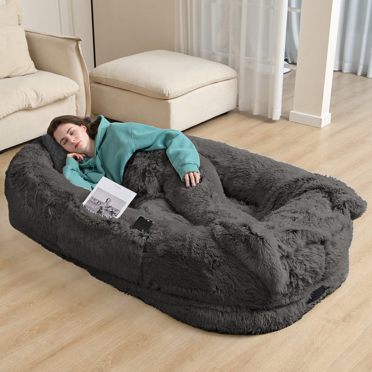 Oversized Human Dog Bed For Adults & Pets, 71 In X45 In X 12 In Ultra Soft Faux Fur Lounger, Washable Floor Bed With Orthopedic Support, Pillow & Blanket Included For Cozy Rest