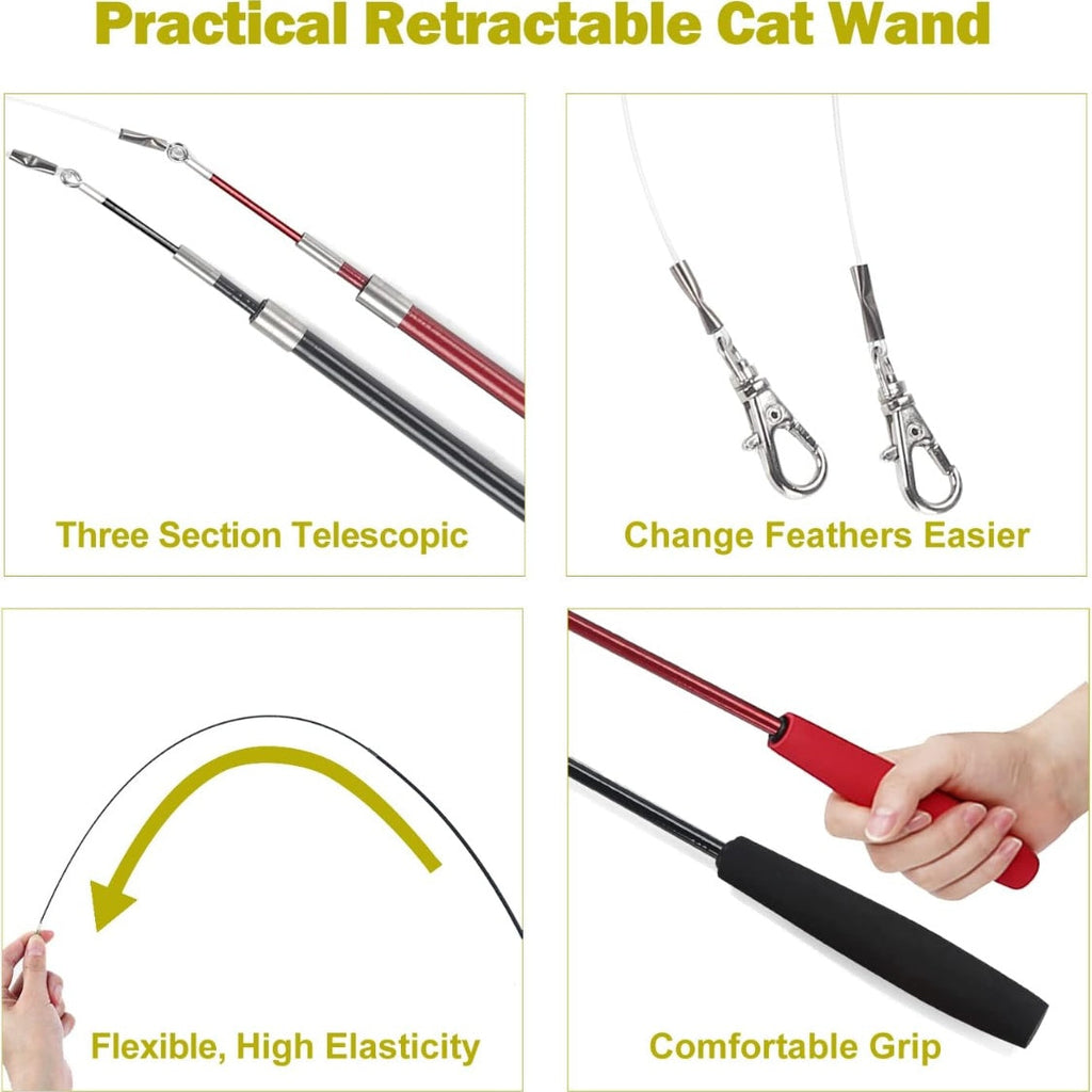 Cat Toys For Indoor Cats, Interactive Cat Toy 2PCS Retractable Wand Toy And 9PCS Cat Feather Toys Refills, Funny Kitten Toys Cat Fishing Pole Toy For
