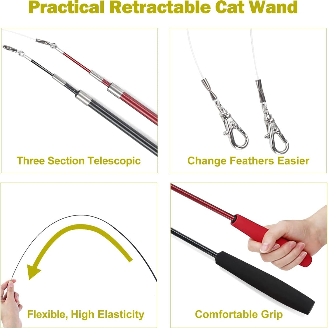 Cat Toys For Indoor Cats, Interactive Cat Toy 2PCS Retractable Wand Toy And 9PCS Cat Feather Toys Refills, Funny Kitten Toys Cat Fishing Pole Toy For
