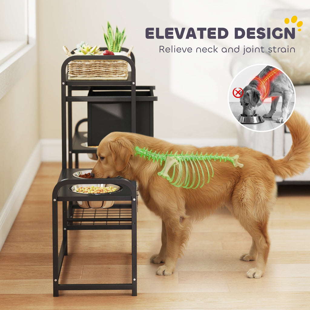 3 Height Adjustable Dog Bowl Stand with 2 Feeding Stations, Toy Bin Basket, Black