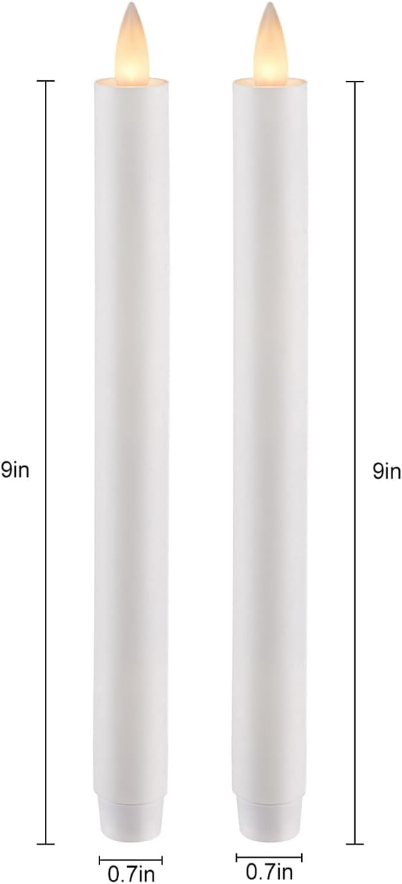 Flameless Taper Candles Flickering with Remote and Timer, 3D Moving Flame Taper Candle Battery Operated to 400 Hours, 9 Inch Window Candles, (White)