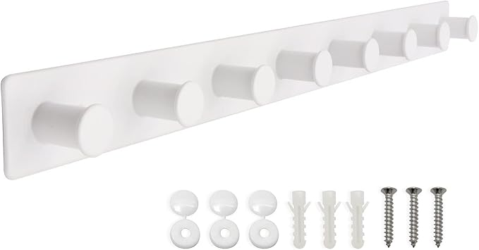 Coat Rack Wall Mount, White Coat Hooks Screw in, Stainless Steel Door Hooks for Hanging Hat Towels Clothes, Hook Rail with 8 Round Hangers (White, 8 Hooks)