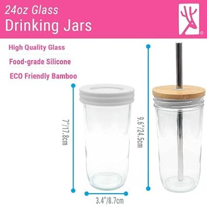 Elk and Friends Glass Mason Jars 24oz with Bamboo Straw Lids + Stainless Steel Straws | Smoothie + Iced Coffee + Bubble Tea Cups | Glass Cups with Lids and Straws