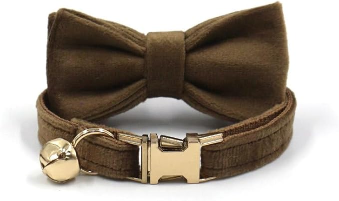 Personalized Cat Collar with Bells,Velvet Customized Small Cat Collar with Name Tag,Pet Collar with Name Phone Number Engraved ID Tags for Boy and Girl Kitten Cats (Brown)