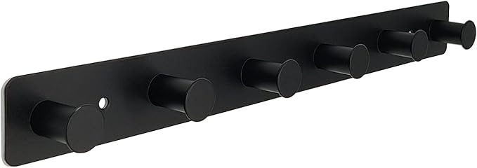 Coat Rack Wall Mounted, Black Coat Hooks Adhesive & Screw in, Stainless Steel Door Hooks for Hanging Hat Towels Clothes, Hook Rail with 6 Round Hangers