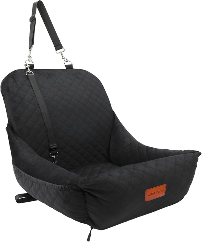 Dog Car Seat for Small Dogs Up to 25 lbs,Covered Ultra-Soft Fabric and Fill in Memory Foam,Fully Detachable and Washable,2 Clip-On Safety Leashes and Storage Pockets(Black)