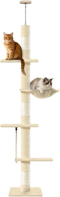 Cat Tree 5-Tier Floor to Ceiling Cat Tower with Cozy Hammock, 89-109 Inch Adjustable Height Sisal Scratching Post, Provides Vertical Enrichment for Jumping & Climbing, Beige