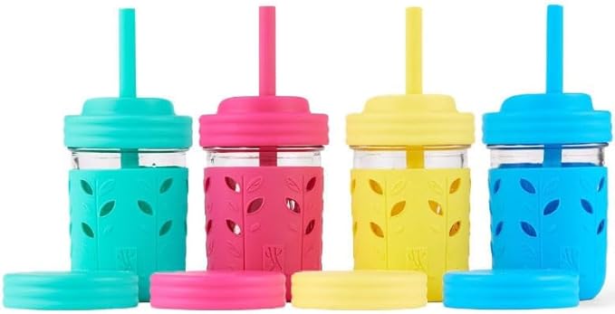 Elk and Friends Kids + Toddler Glass Cups | The Original 8oz Glass Mason Jar with Sleeves + Lids | Silicone Straws + Stopper | Smoothie Cup | Food Storage | Spill Resistant | Dishwasher Safe | 4 Pack