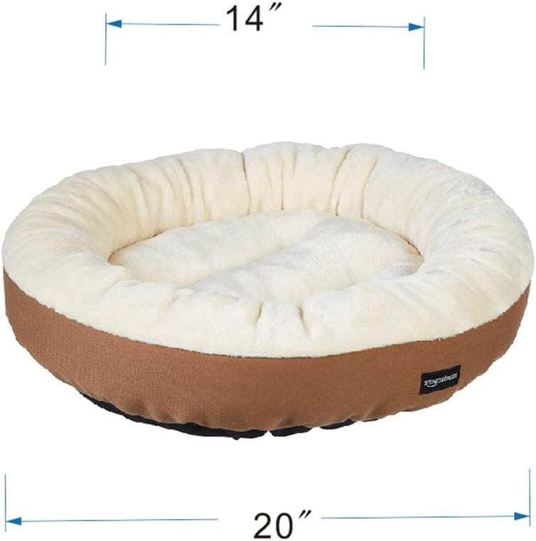 Amazon Basics Round Bolster Pet Bed for Dog or Cat with Flannel Top, 20.0" L x 20.0" W x 8.0" Th, Brown and Ivory