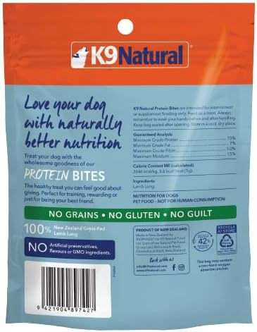 K9 Natural, Freeze-Dried Single Ingredient Dog Treats, High-Value, Low-Calorie Protein Bites for Active Dogs, Healthy Dog Training Treats, Grain-Free Reward, Lamb Lung, 1.76oz
