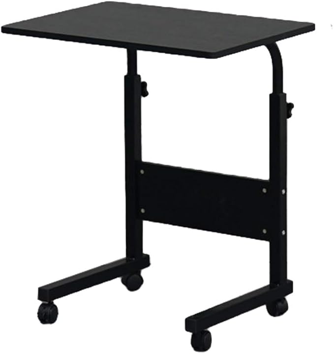 Goujxcy Sofa Side Table C Shaped End Table with Wheels, Rolling Bedside Laptop Table Snack Table TV Tray, Height Adjustable, Wooden Top & Metal Frame