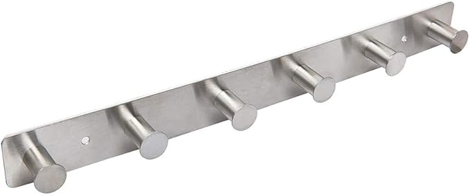 Coat Rack Wall Mounted Adhesive & Screw in, Stainless Steel Metal Coat Hooks for Door, Hook Rail with 6 Round Hangers for Hanging Hat Towels Clothes, Silver