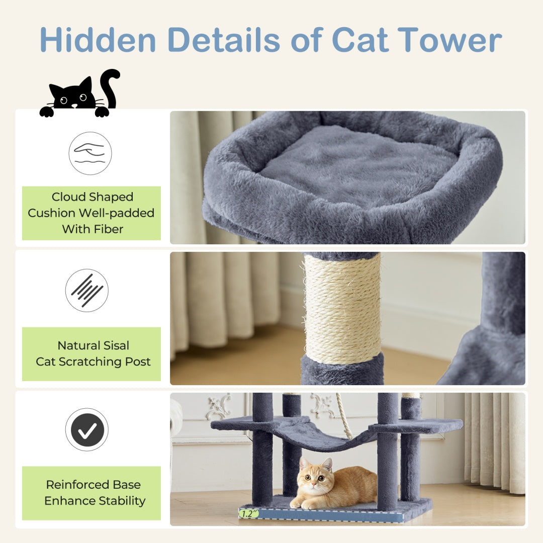 66 Inch Cat Tree Tower, Large Multi-Cat Climbing Extended Platform, Hammock, Pet House For Indoor Cats And Kittens Play