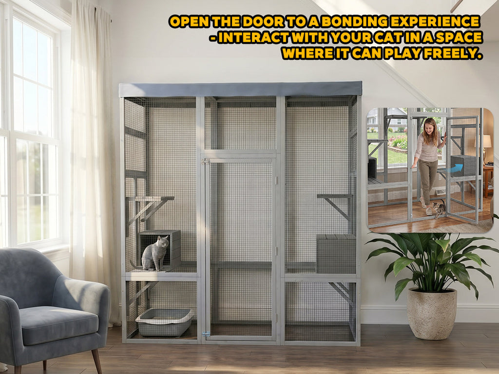 Gray Wooden Catio Pet Enclosure with Waterproof Top, Spacious and Secure Cat House & Small Animal Cage,2 Napping Boxes