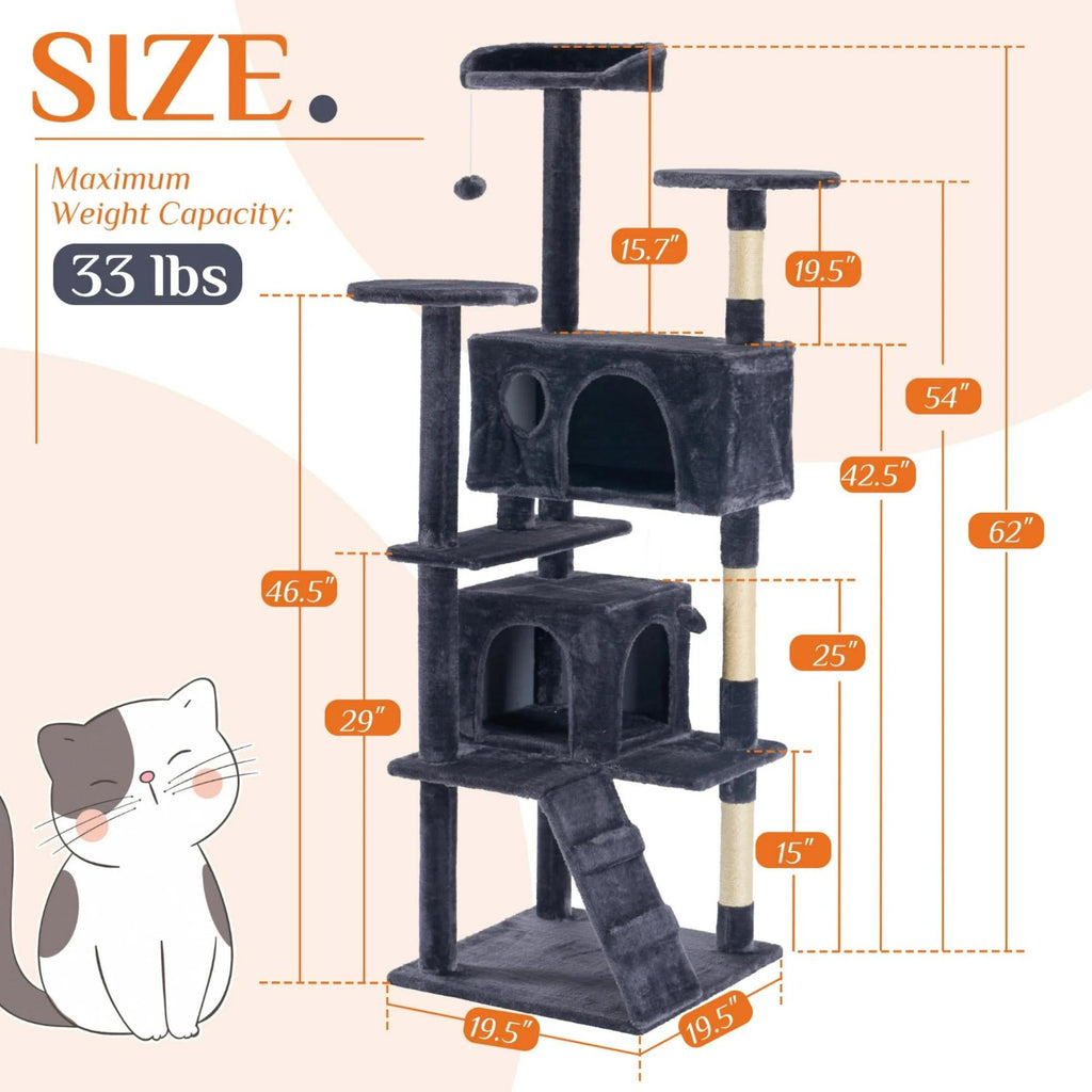 Large Cat Tree Tower, 62-70-80 Cat Tree  Large Cats, Multi Level With Scratching Post, Cozy Cat Jumping Platform Space, Grey