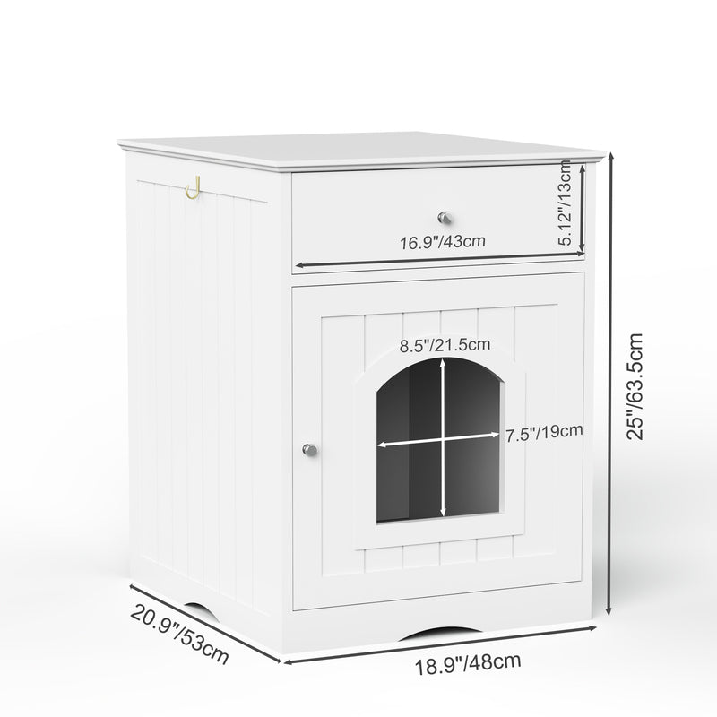 White Wooden Cat Litter Box Enclosure W Drawer & Side Table, Indoor Pet Crate Nightstand For Home