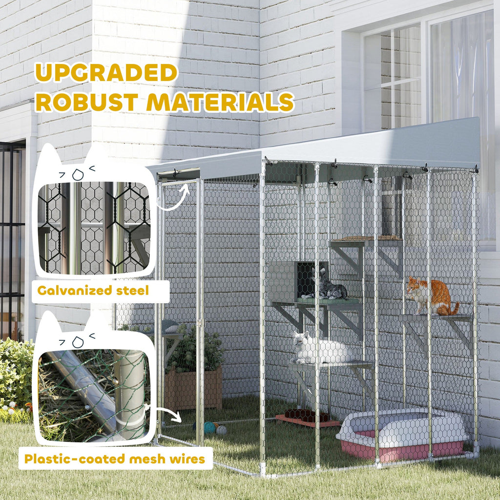 79" Galvanized Steel Large Catio with Waterproof Canopy, Sleeping Box, Jumping Platforms, for 1-3 Kittens, Silver