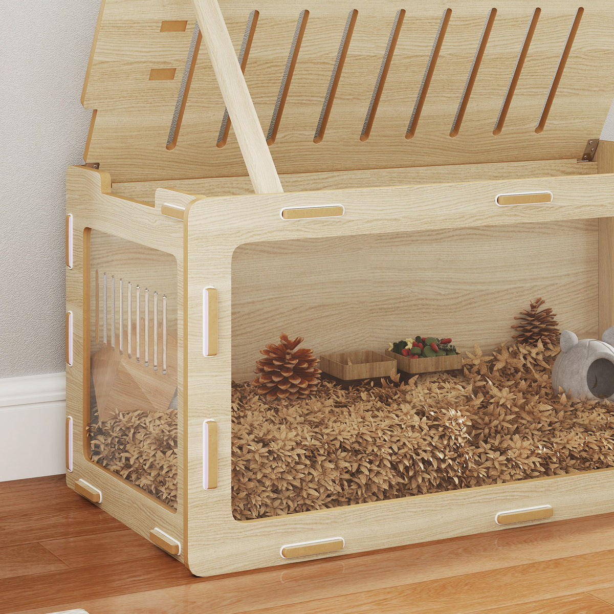 Hamster Cage with Easy View Acrylic Panels, Air Vents & Openable Roof, for Gerbil, Guinea Pig, 39" x 20" x 18.5", Oak