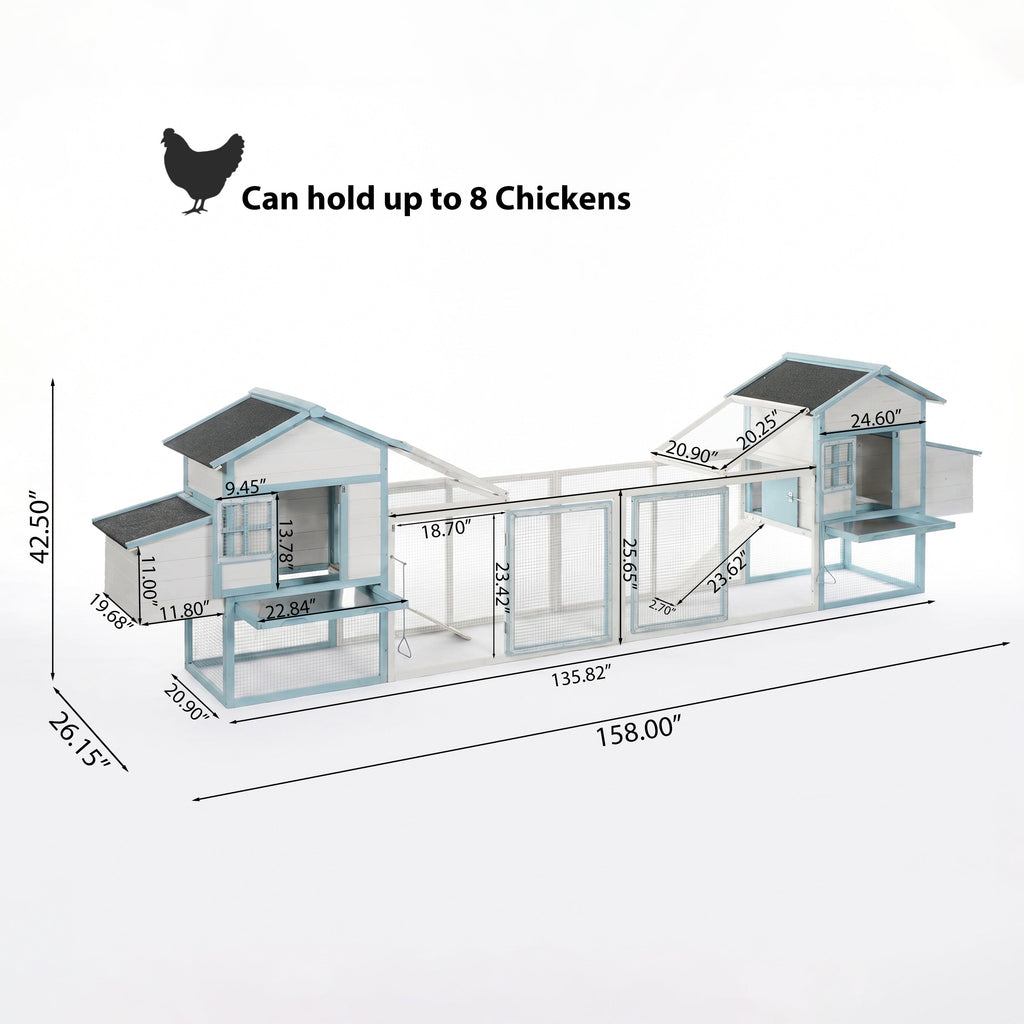 Large Wooden Chicken Coop with Double Nesting Boxes, Outdoor Walk-In Chicken Run with Waterproof Asphalt Roof, Fir Wood Poultry Cage with Pull-Out Dropping Trays, Blue & White Backyard Hen House