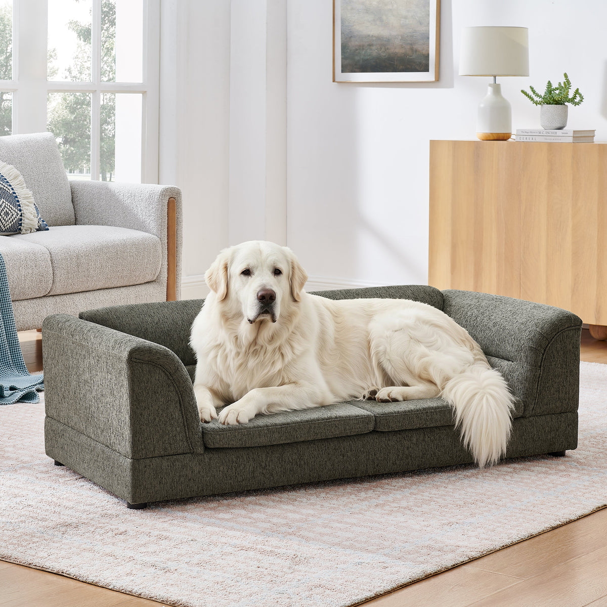 Oversized Pet Sofa, Curved Armrest Rectangular Dog Sofa, Linen Fabric Comfort Pet Couch for Large & Oversized Dogs-Dark Gray