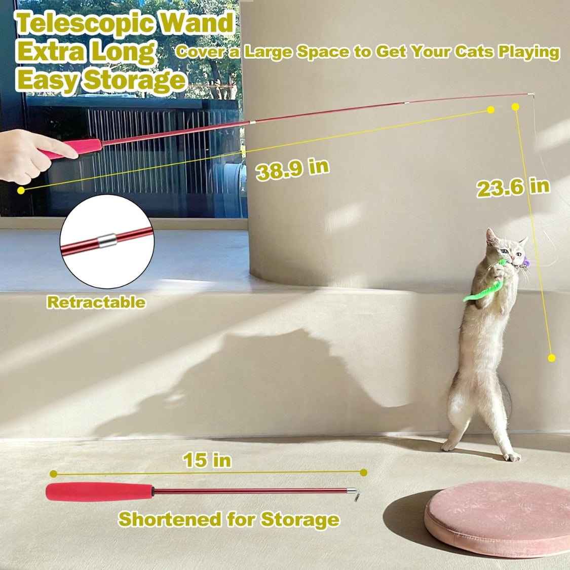 Cat Toys For Indoor Cats, Interactive Cat Toy 2PCS Retractable Wand Toy And 9PCS Cat Feather Toys Refills, Funny Kitten Toys Cat Fishing Pole Toy For