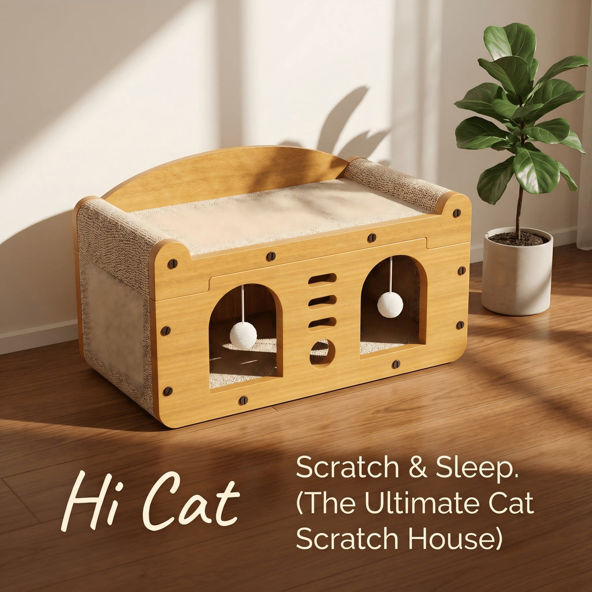 Multi-Style Double-Layer Cat Scratcher House, 2-Tier Large Cat Villa Bed With Corrugated Cardboard, Interactive Hanging Balls & Ergonomic Neck Support, Furniture-Saving Hideaway Cave For Indoor Cats