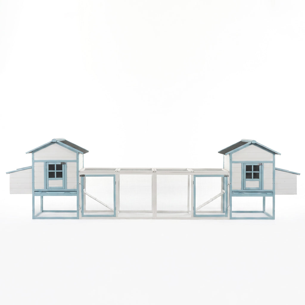 Large Wooden Chicken Coop with Double Nesting Boxes, Outdoor Walk-In Chicken Run with Waterproof Asphalt Roof, Fir Wood Poultry Cage with Pull-Out Dropping Trays, Blue & White Backyard Hen House