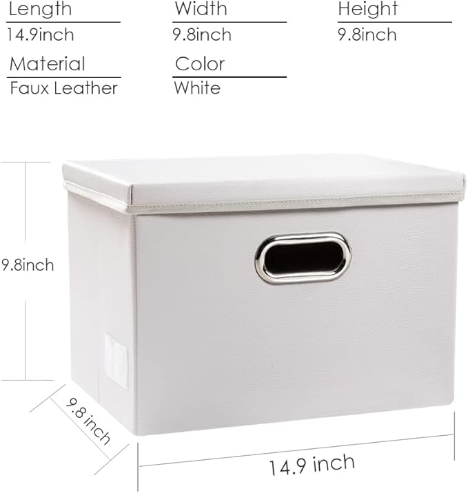PRANDOM Collapsible Storage Bins with Lids [3-Pack] Leather Fabric Foldable Storage Boxes Organizer Containers Baskets Cube with Cover for Bedroom Closet Office Nursery White (14.9x10.8x10)