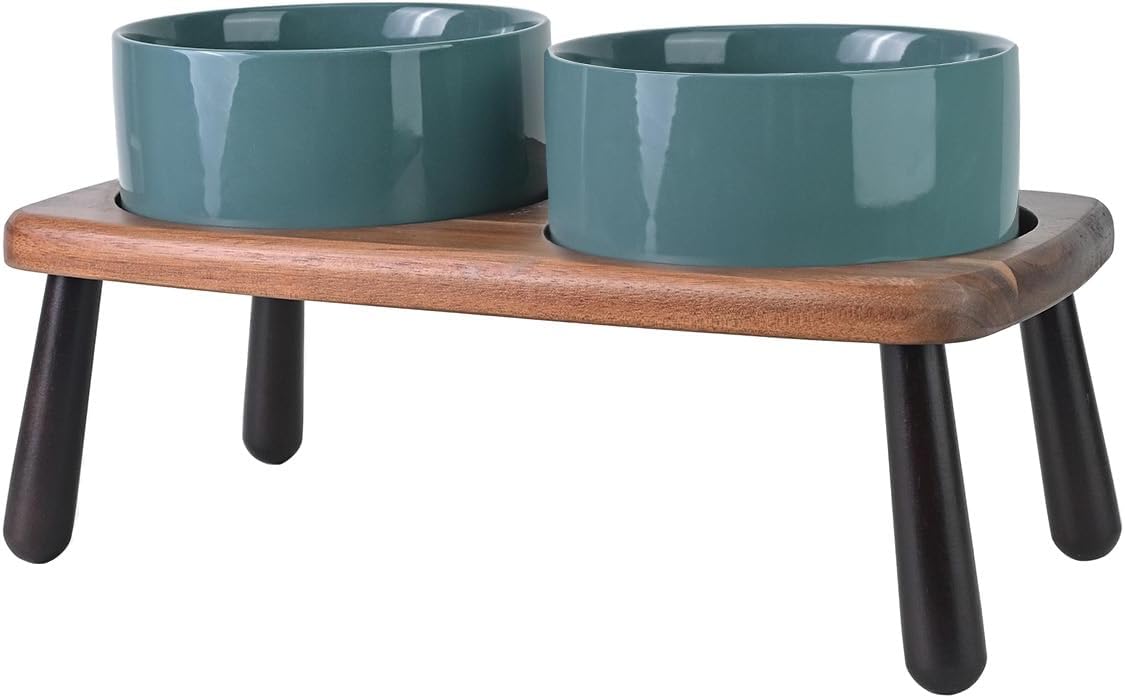 SPUNKYJUNKY Ceramic Elevated Dog Bowls Raised with Acacia Bamboo Wooden Stand, 6.1'' Dog Cat Food Water Bowls Set Non-Slip for Small Medium Sized Breed Microwave Dishwasher Safe - 28.7 OZ,Dark Green