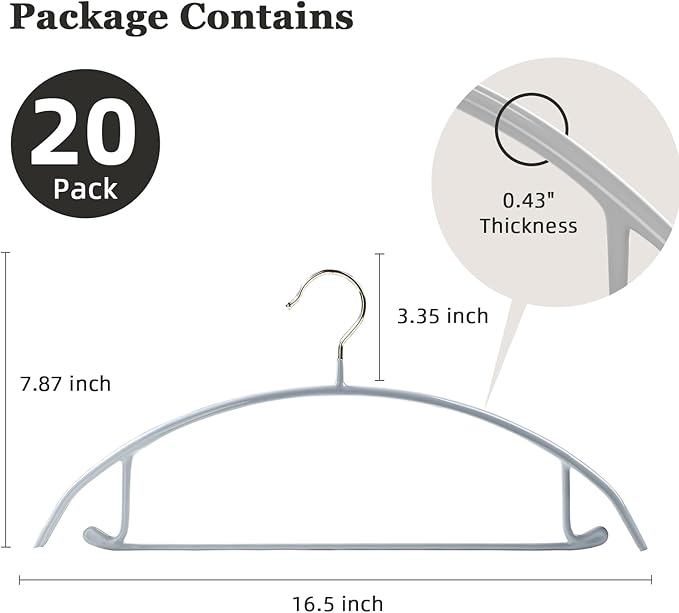 MOPALL Clothes Hangers 20 Pack, Non Slip Hangers Sweater Hanger No Shoulder Bump, 16.5 Inch Wide Durable and Strong Shirt Coat Dress Skirt Suit Hangers with Pants Bar for Laundry & Everyday Use, Gray