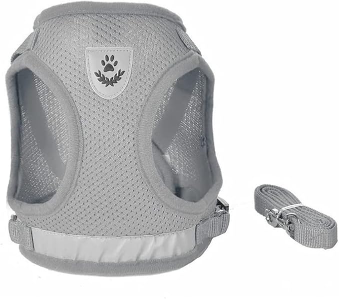 FEimaX Dog Harness and Leash Set for Walking, Soft Mesh Adjustable Easy Control Lightweight Cat Vest Harnesses with Reflective Strips, Escape Proof Small Dogs Cats Vests (Grey, Medium)