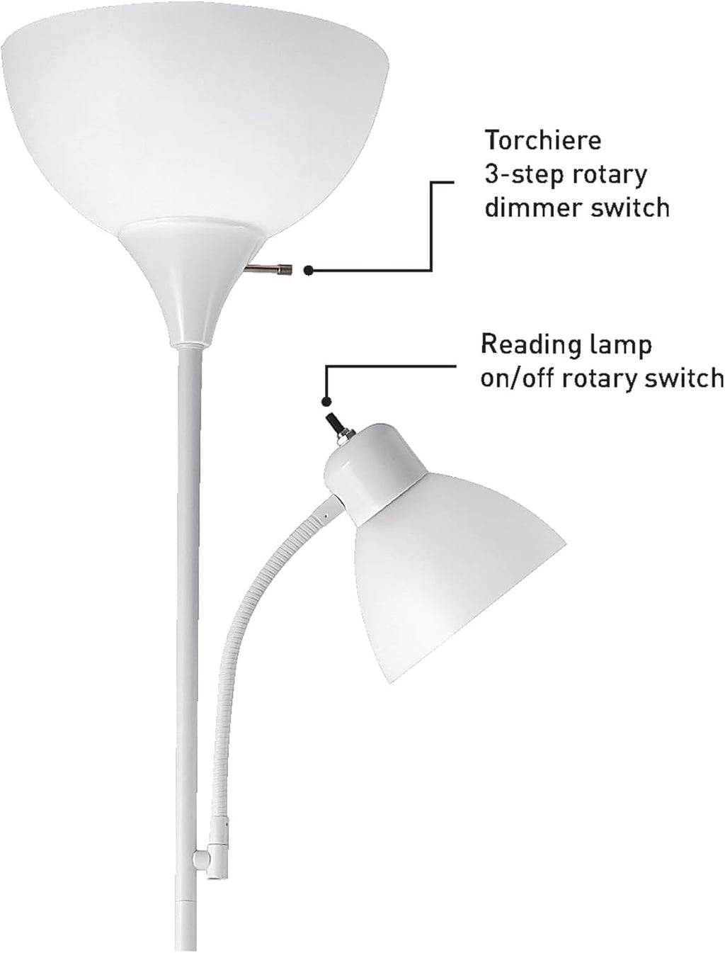 GLOBE Electric 67136 72" Torchiere Floor Lamp with Adjustable Reading Light, Matte White Finish, Frosted Shades, Rotary Switch on Socket, E26 Base