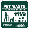 "Pet Waste Transmits Disease - Clean Up After Your Pet" Sign - 12" w x 12" h Square - Rustproof Aluminum- Metal Outdoor Dog Waste Station Sign for Outdoor Parks, HOAs, Homes ($75 to $500 Fine)