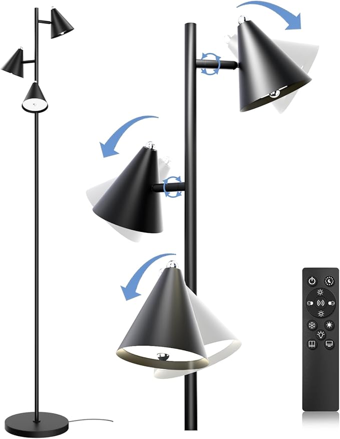 Tree Floor Lamp with Remote, Dimmable 3 Rotatable LED Lights, 5 Color Temperatures, 63" Modern Standing Lamp for Living Room, Bedroom, Office Reading Light