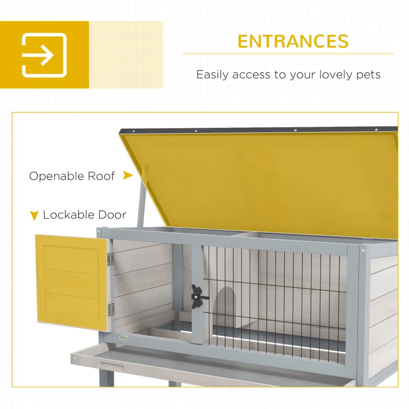 Elevated Rabbit Hutch, Wooden Bunny Cage With Hinged Asphalt Roof And Removable Tray, For IndoorOutdoor, Gray