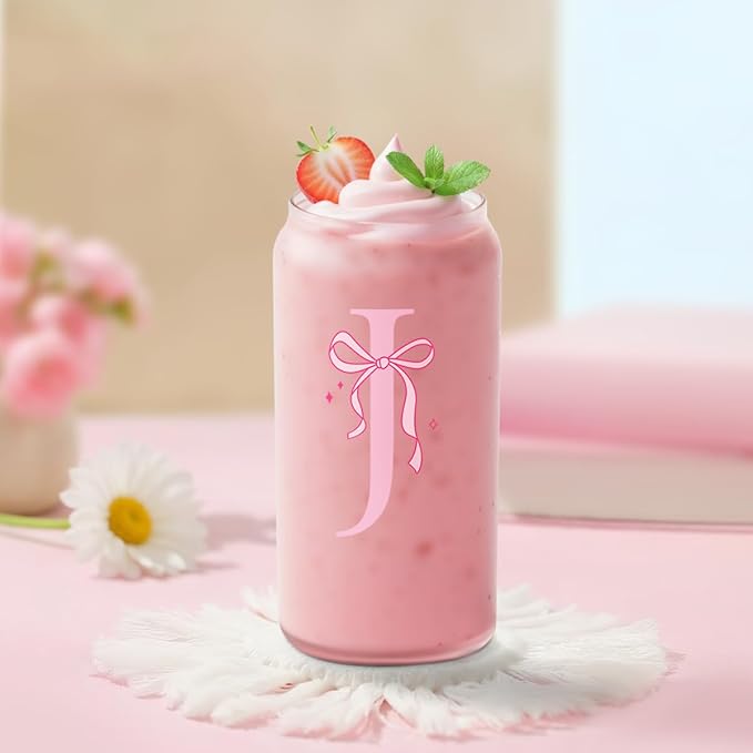 SANDJEST Monogrammed Glass Drinking Can Cup with Acrylic Lid and Straw, Personalized Frosted Iced Coffee Tumbler 16oz, Monogram Initial Gifts for Women Girls on Birthday (J)