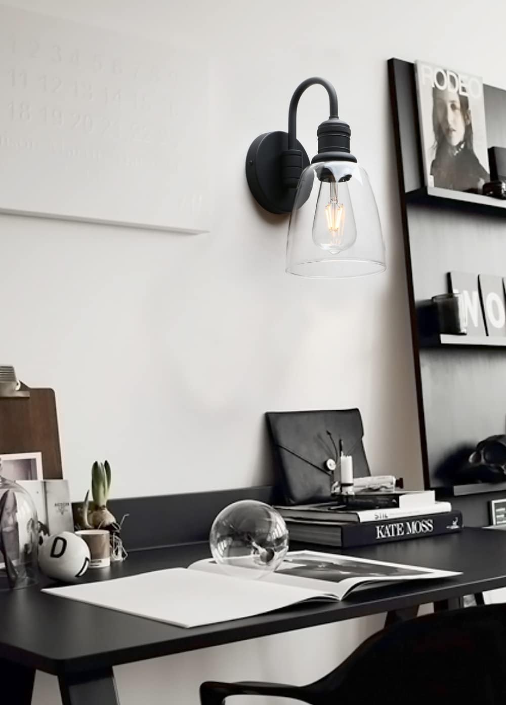 1-Light Vintage Wall Sconce, Yosoan Black Industrial Fixture Light with Elegant Gooseneck Curved Rod, Indoor Clear Glass Shade Wall Lamp Lighting for Bathroom Porch Kitchen Living Room Restaurant