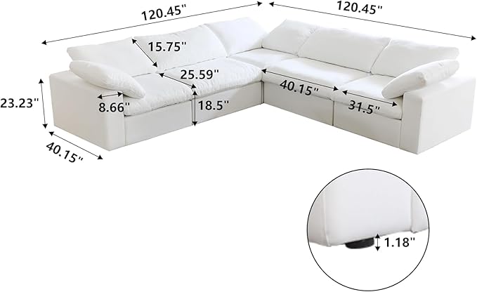 JACH V-Shaped Couch Sectional for Living Room, 5-Seats Modular Convertible Sectional Sofas Couches, Couch Cushion Covers Removable, Cloud Sofa for Living Room, Apartment (White)
