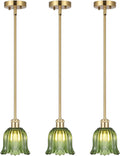 Modern Gold Pendant Light 3 Pack Brushed Brass Mid Century Chandelier Green Glass Shades Adjustable Rods Farmhouse Ceiling Hanging Lighting Fixture Kitchen Island Dining Room Bedroom