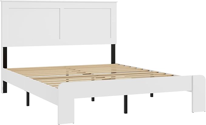 Full Size Bed Frame, Rustic Vintage Platform Bed Frame with Wood Headboard and Footboard, 12 Wood Slats Support, No Box Spring Needed (White, Full)
